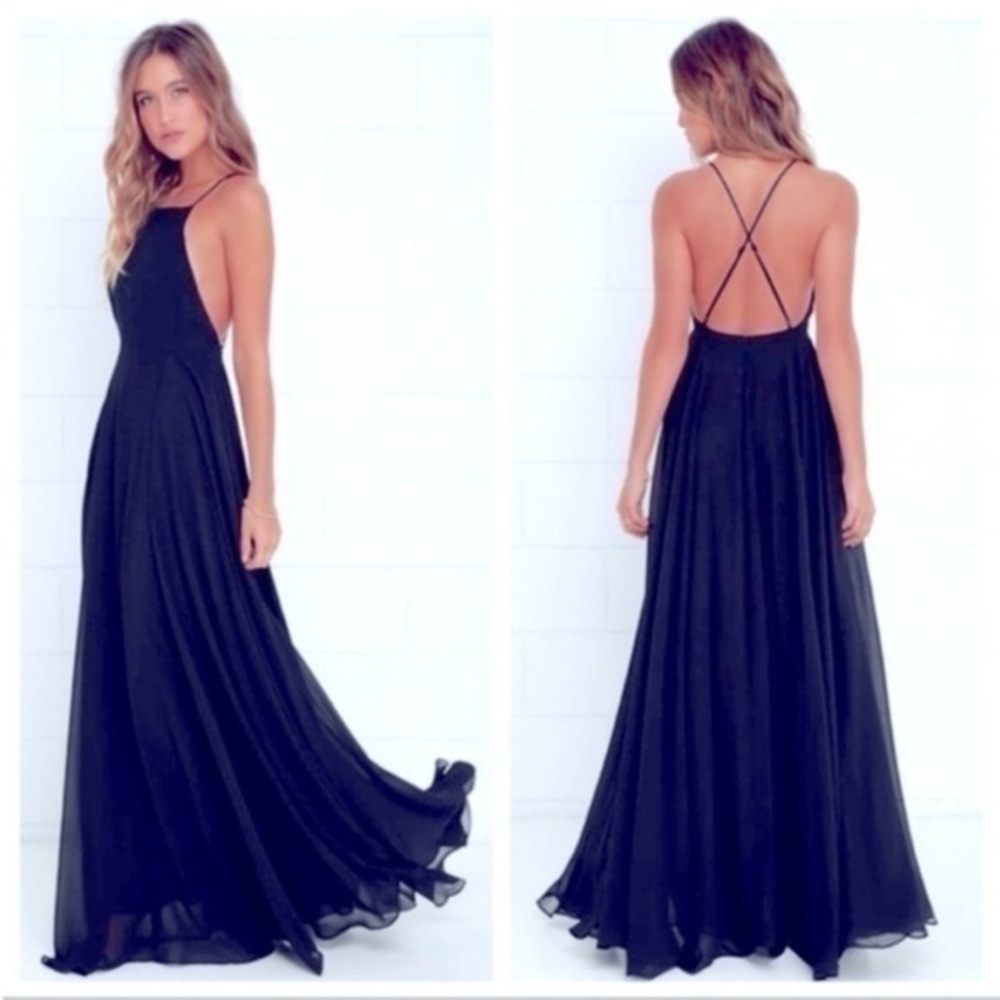 Lulus Mythical Kind of Love Black Maxi Dress XS Low Criss Cross Back